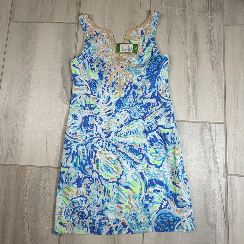 Lilly Pulitzerโ Gabby Shift Dress Bennet Blue Salty Seas Sequin Coral Size 4 NWT